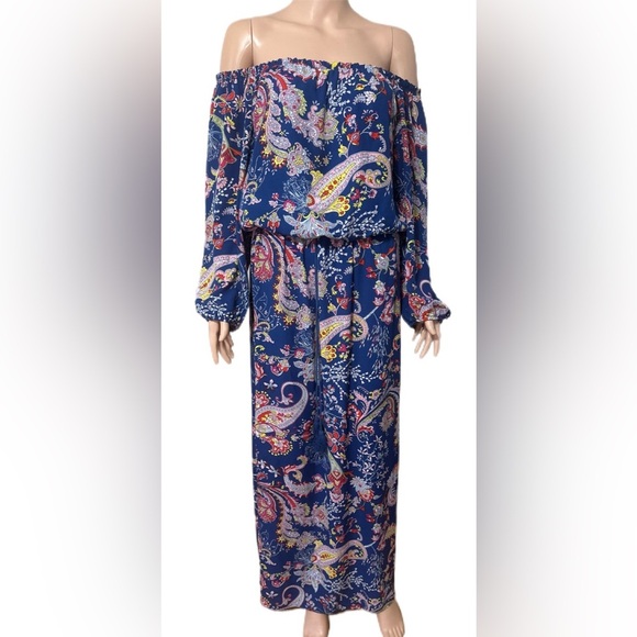 Bisou Bisou Michele Bohbot Dress 12 Off-Shoulder Boho Maxi Blue Paisley Chiffon - Picture 2 of 8
